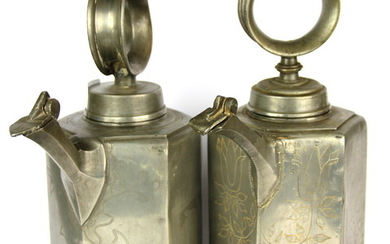Two 19th century Swiss pewter cans, H. 33cm.