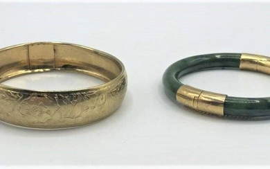 Two [2] Bangle Bracelets Green Jade, Incised Gold Plate