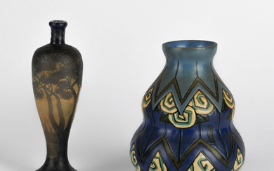 Two Art Deco-period vases. 1. An acid-etched cameo glass 'paysage' vase depicting a river landscape