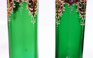Two Green Overlay Glass Vases