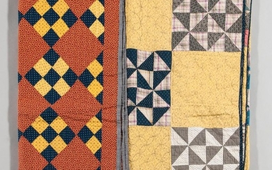 Two Hand-stitched Quilts, America, late 19th/early 20th century, composed of printed fabrics, one with blue and yellow block pattern ag