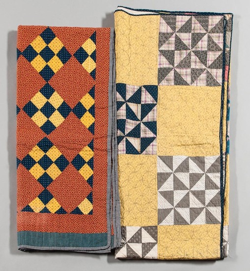 Two Hand-stitched Quilts, America, late 19th/early 20th century, composed of printed fabrics, one with blue and yellow block pattern ag
