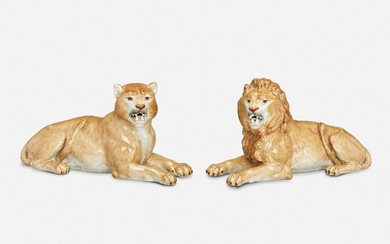 Two Meissen-style porcelain lions