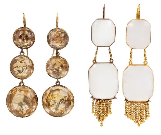 Two pairs of 19th century drop earrings, one pair composed of three graduated circular foiled paste, the other composed of two graduated rectangular cut-cornered chalcedony plaques with fringe detail