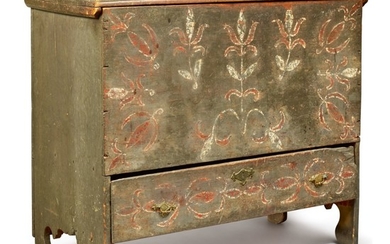 VERY RARE WILLIAM AND MARY PAINT-DECORATED PINE CHEST WITH DRAWER, MILFORD, CONNECTICUT, CIRCA 1730