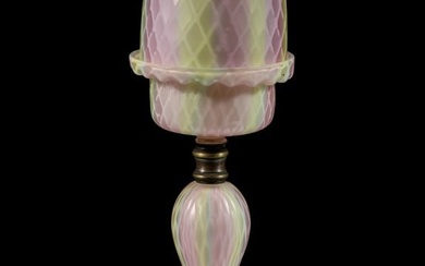 VICTORIAN RAINBOW SATIN MOTHER-OF-PEARL DIAMOND-QUILT ART GLASS PEDESTAL FAIRY LAMP