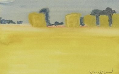 Vernon Gibberd, British 1931-2019- Landscape with Haybales; watercolour on paper, signed lower right 'V Gibberd', 10.9 x 15.6 cm (ARR)