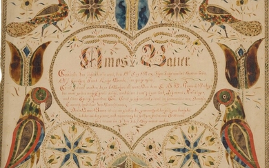 Very Fine and Rare Fraktur Birth and Baptismal Certificate of Amos Bauer, Christopher Seiler (d. 1822), Dauphin County, Pennsylvania, Dated 1807