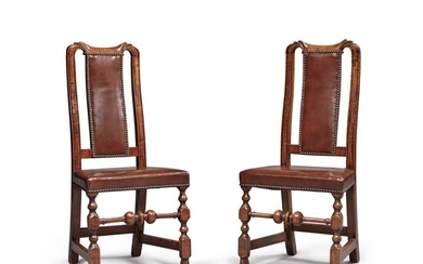 Very Fine and Rare Pair of William and Mary Carved and Turned Maple 'Leather-Back' Side Chairs, Boston, Massachusetts, Circa 1730