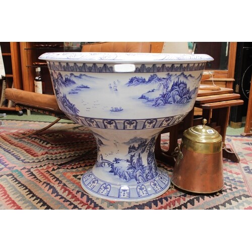 Very Large Chinese Blue & White Fish Bowl on stand 80cm in D...