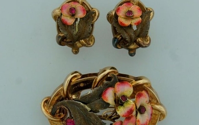 Victorian ENAMEL RED STONE YELLOW GOLD SET of EARRINGS