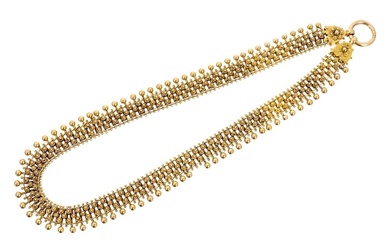 Victorian Etruscan Revival gold collar necklace, with articulated links, applied gold filigree and gold beaded fringe, 37cm.