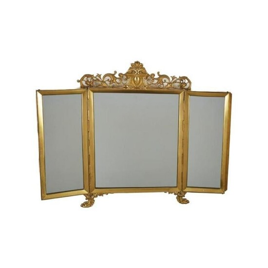 Victorian French 19thc Gilt Brass Folding Vanity Mirror
