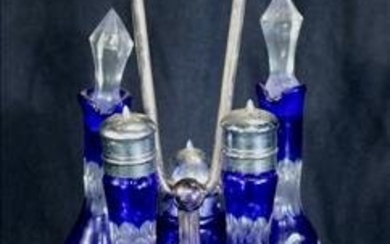 Victorian Silver-plate cruet set with blue bottles