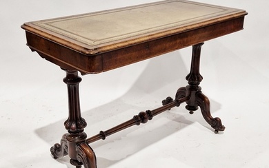 Victorian figured walnut library table with gilt tooled leat...