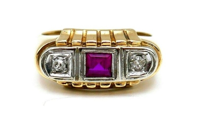 Vintage 14k Yellow Gold Diamond Ruby Men Ring