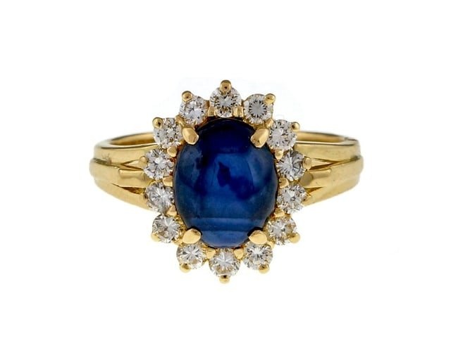 Vintage 18K Yellow Gold 2.34ctw Natural Dark Blue Star Sapphire And Diamond Ring Size 5
