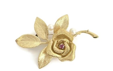 Vintage 1950's 1960's Pearl Ruby Flower Rose Brooch Pin 14K Yellow Gold 13.51 Gr