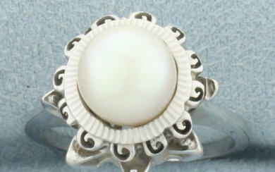 Vintage Cultured Akoya Pearl Crown Ring in 14k White Gold