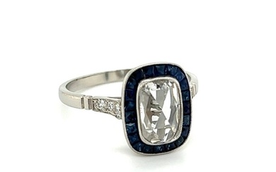 Vintage Diamond and Sapphire Art Deco Revival Platinum Ring Estate Fine Jewelry