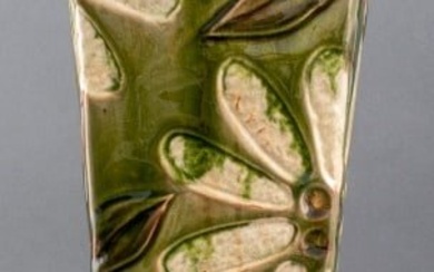 Vintage Green Glazed Floral Motif Art Pottery Vase