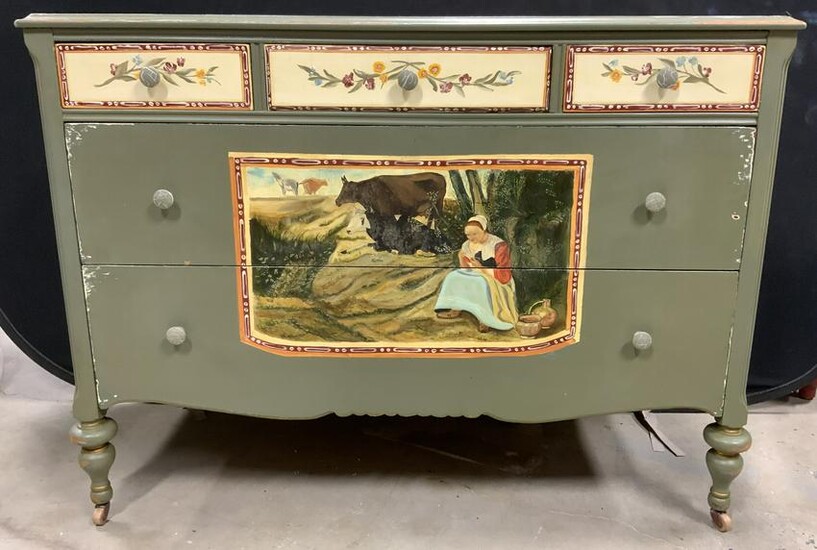 Vintage Hand Painted Chest w Casters