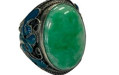 Vintage Handmade Green Jade Silver Ring Size 11 Adjustable