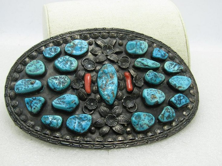 Vintage Navajo Turquoise Coral Belt Buckle, Rare