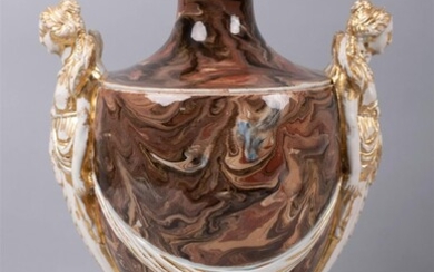 WEDGWOOD CREAMWARE VARIEGATED SURFACE AGATE CARYATID VASE AND A COVER