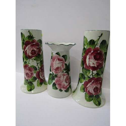 WEMYSS, pair of rose decorated 10" tapering cylindrical vase...