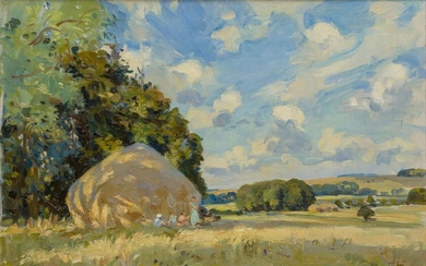 Wilfrid Gabriel de Glehn NEAC RP RA, British 1870-1951 - Midday Rest - Wiltshire Downs, 1938; oil on canvas, signed lower right 'W G de Glehn', 50 x 75.5 cm (ARR) Provenance: Messums, London, ref. 84/88; private collection, purchased from the above...