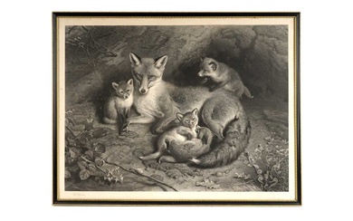 William Turner Davey - A Vixen Fox and Her Cubs | stipple engraving