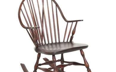 Windsor Style Mahogany-Stained Brace-Back Rocking Armchair
