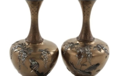 Fine pair Japanese lacquer and shibayama inlaid vases, signed (2pcs)