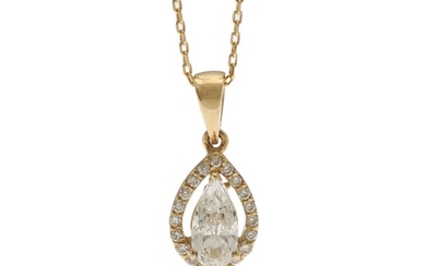 A diamond pendant set with a pearh shaped diamond encircled by numerous brilliant-cut diamonds, mounted in 14k gold, on a necklace of 14k gold. (2)