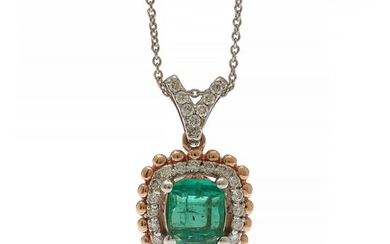 Emerald and diamond pendant set with an emerald-cut emerald and numerous brilliant-cut diamonds, mounted in 14k white and rose gold. (2)