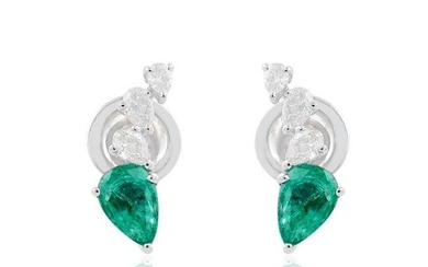 1.19 TCW Emerald Stud Earrings Diamond 18k White Gold