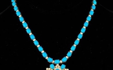 14K Yellow Gold 62.30ct Turquoise and 4.85ct Diamond Necklace