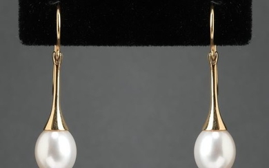 14K Yellow Gold Fluted Pearl Drop Earrings