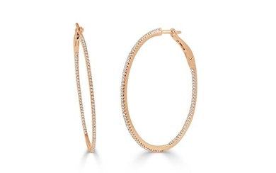 14k White Gold & Diamond Skinny Hoop Earrings 1.5"