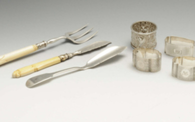 A miscellaneous lot to include a William IV butter knife, a Victorian butter knife & toasting fork, napkin rings., etc.