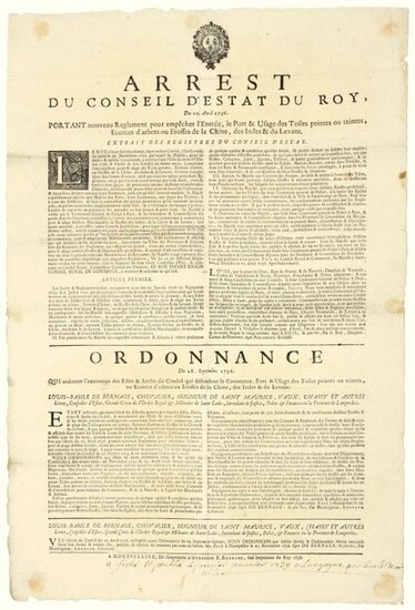 1736. LANGUEDOC. STORMS of CHINA, INDIA & THE LEVANT. "Arrest of the Council of State of the KING, of April 10, 1736, carrying new Regulation to prevent the Entry, the Port & Use of Painted Canvas, Tree Bark or Fabrics of China, India & the Levant"...