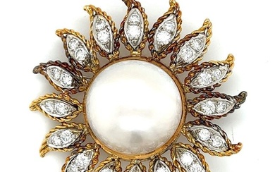 18K Yellow Gold Mabe Pearl & Diamond Brooch