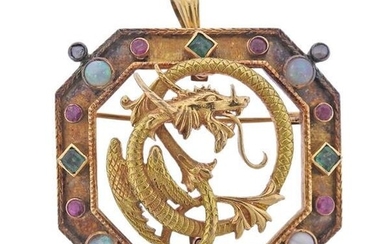 18k Gold Diamond Emerald Opal Ruby Dragon Pendant