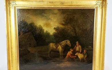 18th C. George Morland Signed Oil on Canvas "Farm Scene"