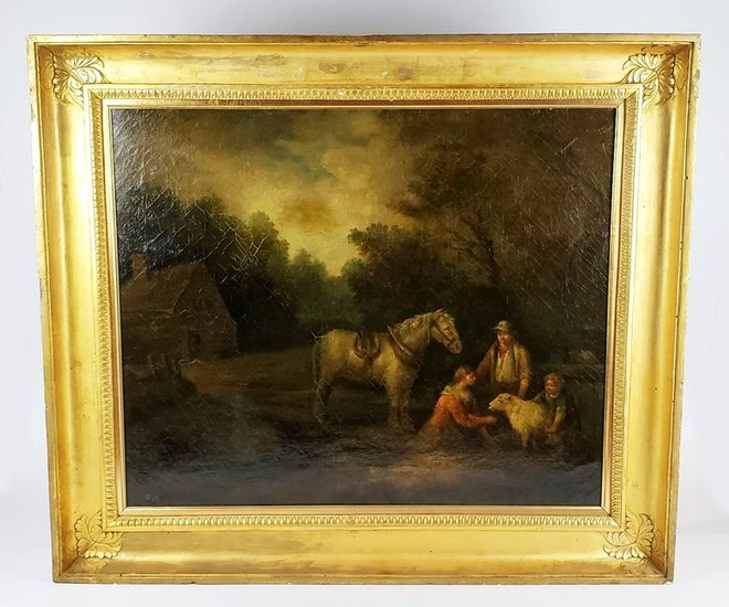 18th C. George Morland Signed Oil on Canvas "Farm