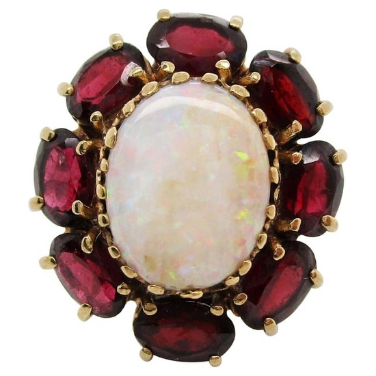 1950s White Opal and Red Garnet 14 Karat Yellow Gold Cocktail Ring