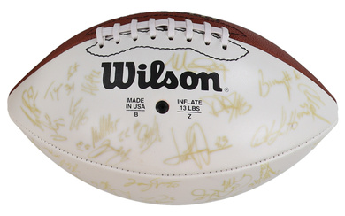 1998 Broncos Super Bowl XXXIII Logo Football Team-Signed by (57) with John Elway, Shannon Sharpe, Bill Romanowski, Ed McCaffrey (Beckett)