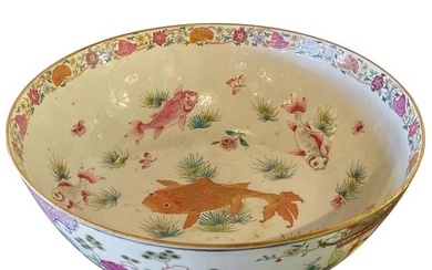 19th Century Famille Rose Chinese Export Punch, Koi Decorated