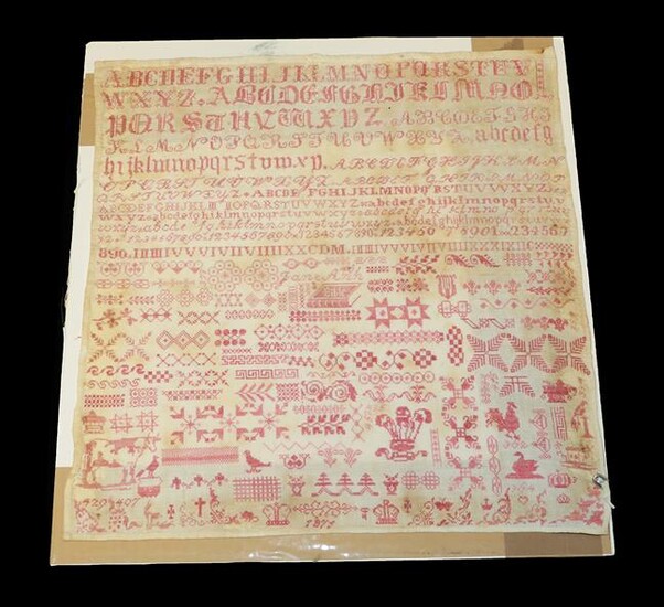 19th Century Sampler in the Style of Ashley Down Orphanage Bristol, worked in the familiar red...